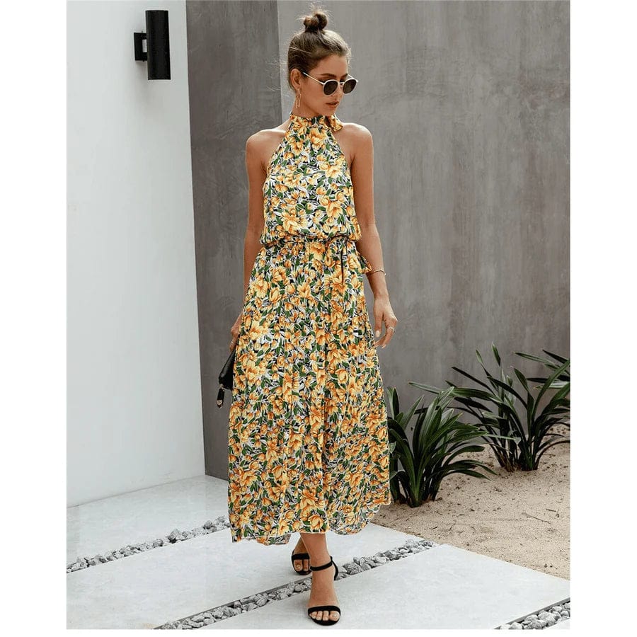 Robe longue jaune à fleurs bohème Ibiza Vibe