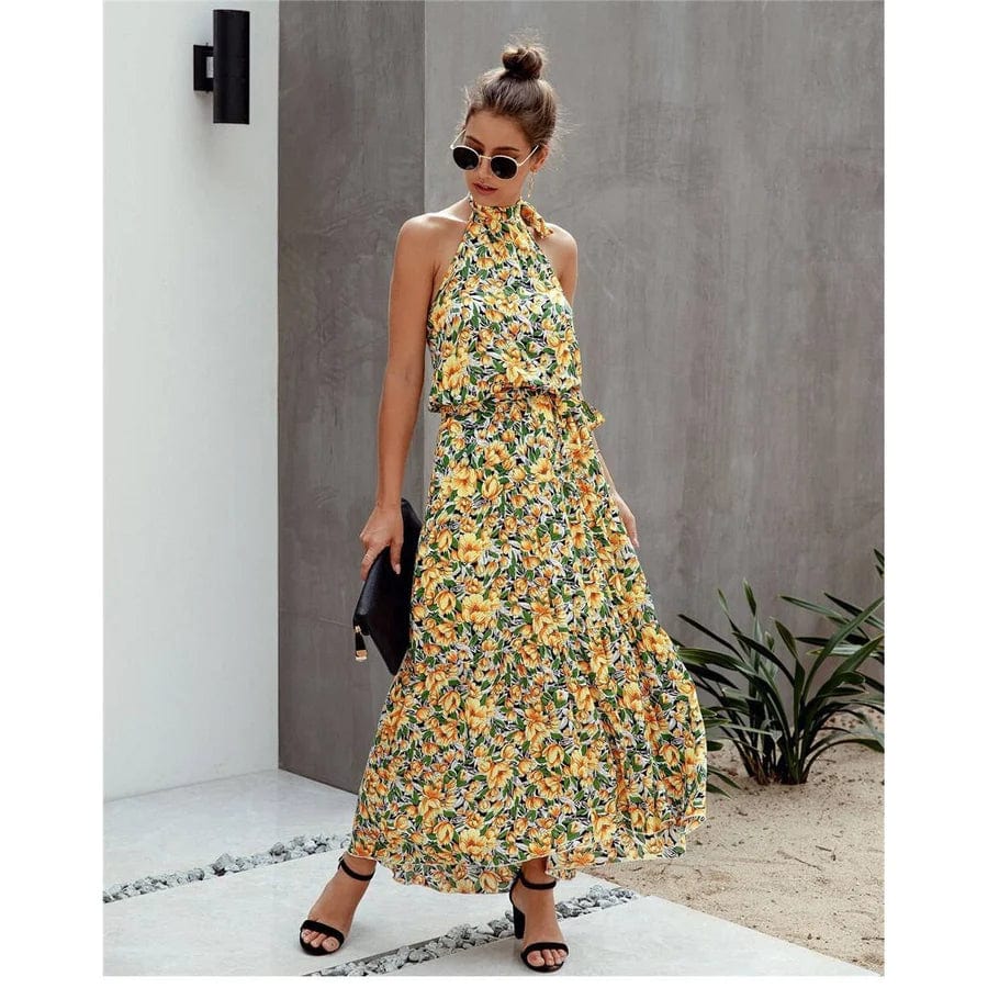 Robe longue jaune à fleurs bohème Ibiza Vibe