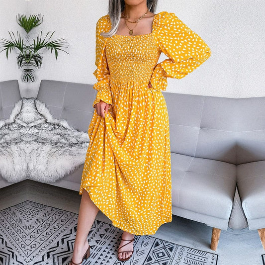 Robe longue jaune élégante à manches longues et imprimé bohème Ibiza Vibe