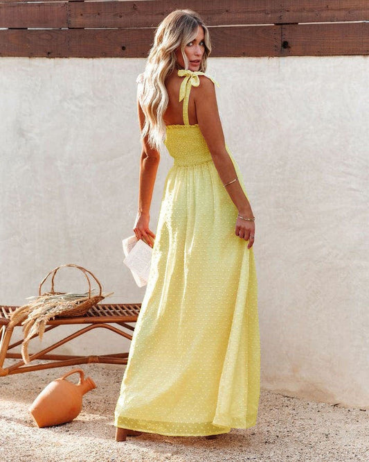 Robe longue jaune festive style bohème avec nœuds Ibiza Vibe