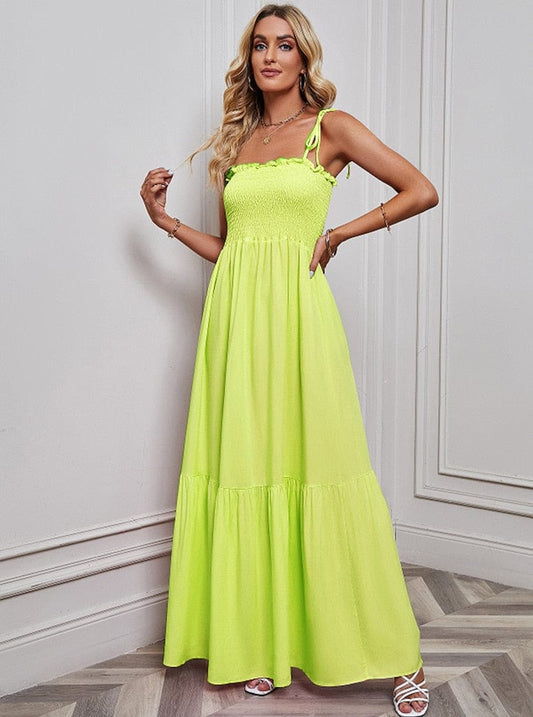 Robe longue jaune simple à bretelles spaghetti Ibiza Vibe