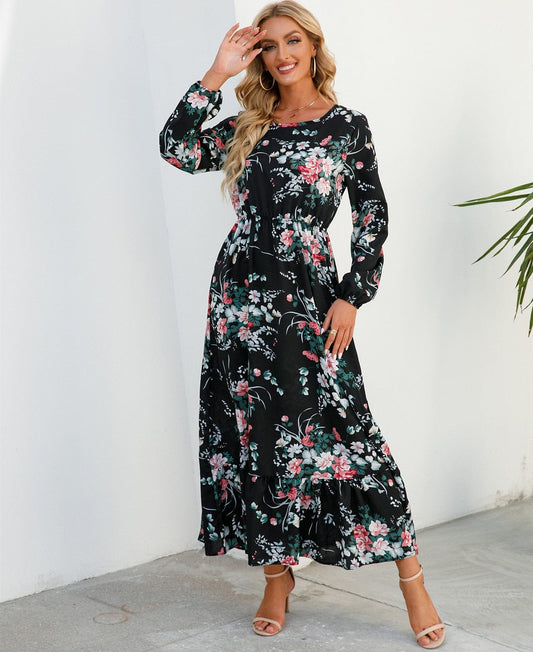 Robe longue noire à manches longues et imprimé floral, style bohème Ibiza Vibe