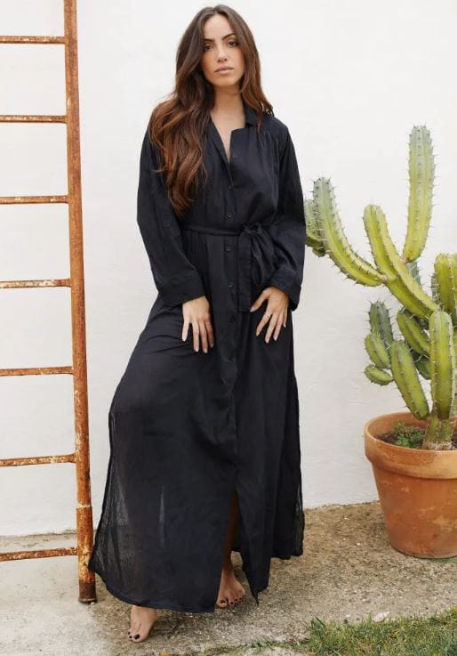 Robe longue noire aérée à boutons Ibiza Vibe