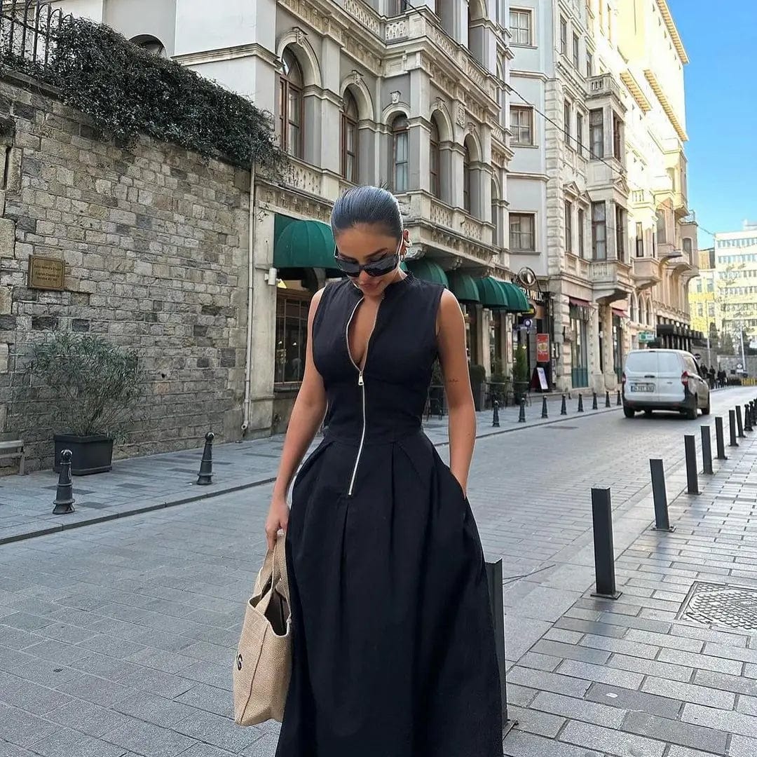 Robe longue noire avec fermeture éclair sur le devant Ibiza Vibe