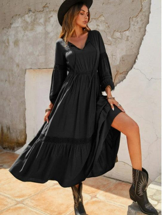 Robe longue noire style bohème avec col en V Ibiza Vibe
