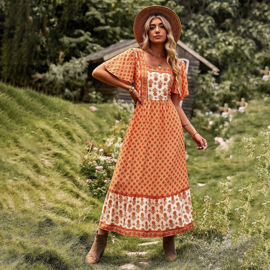 Robe longue orange style campagne hippie Ibiza Vibe