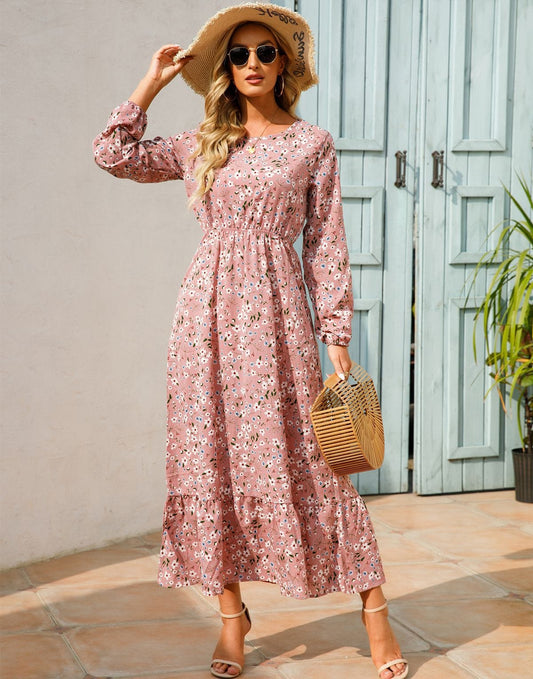 Robe longue rose à manches longues et imprimé floral Ibiza Vibe