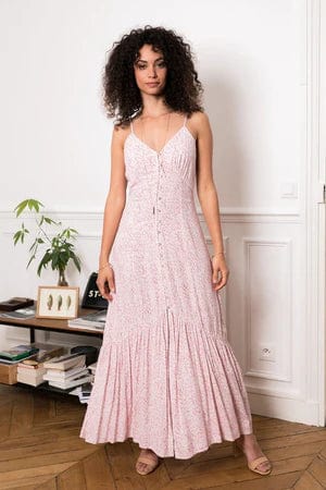 Robe longue rose bohème à bretelles spaghetti Ibiza Vibe