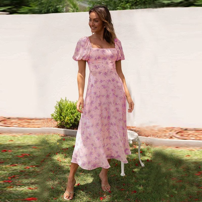 Robe longue rose clair à fleurs violettes Ibiza Vibe