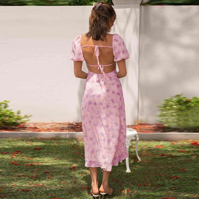 Robe longue rose clair à fleurs violettes Ibiza Vibe