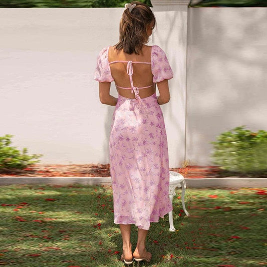 Robe longue rose clair à fleurs violettes Ibiza Vibe