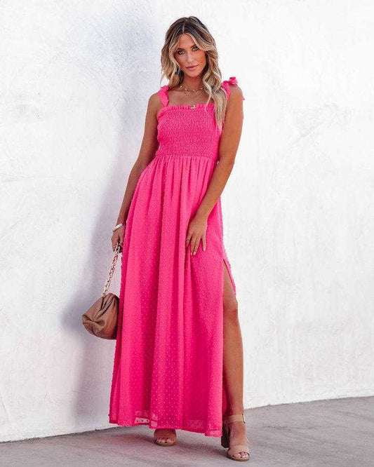 Robe longue rose festive style bohème avec nœuds Ibiza Vibe