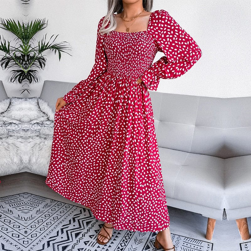 Robe longue rouge élégante à manches longues et imprimé bohème Ibiza Vibe