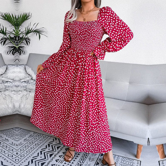 Robe longue rouge élégante à manches longues et imprimé bohème Ibiza Vibe