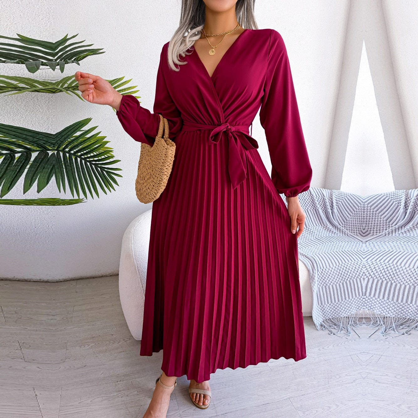 Robe longue rouge vin à col en V, style bohème festif Ibiza Vibe