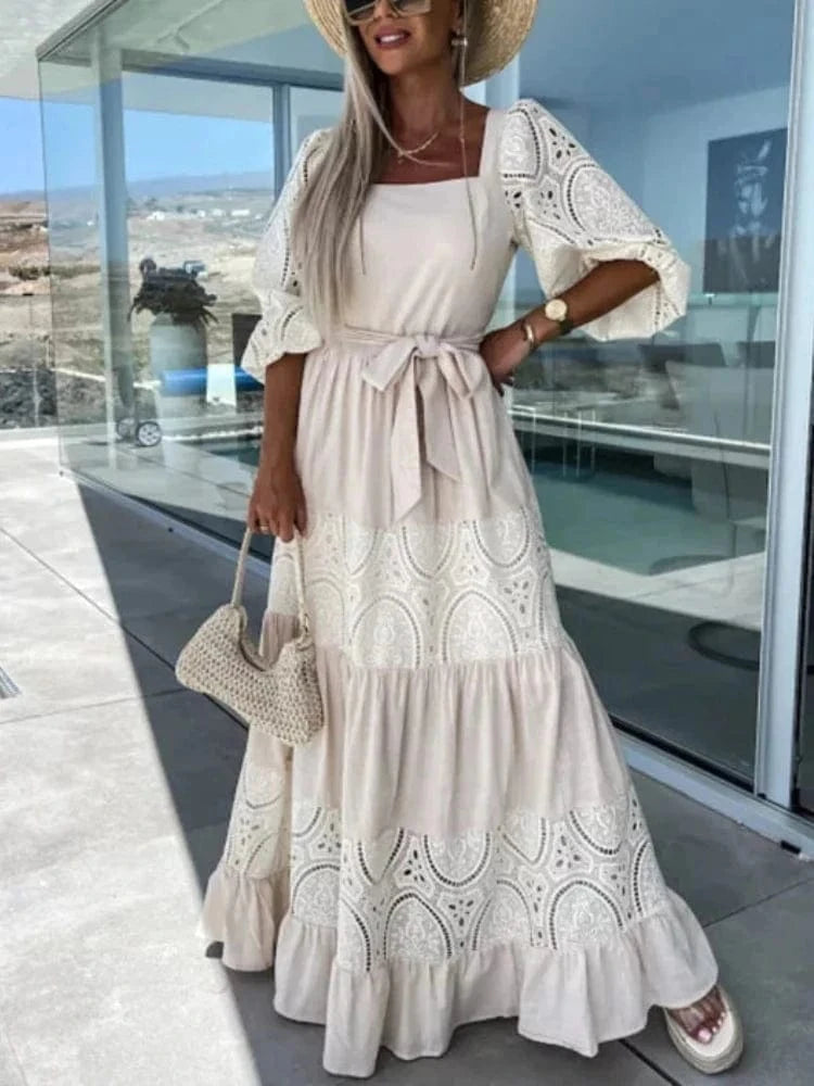 Robe longue style hippie couleur crème bohème Ibiza Vibe
