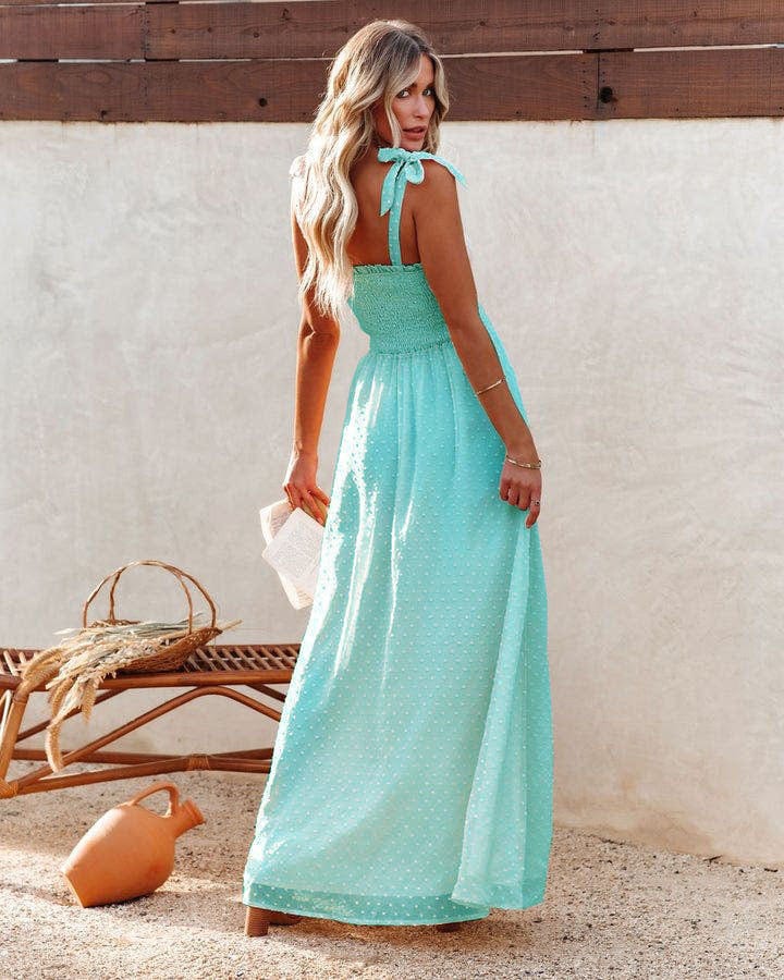 Robe longue turquoise festive style bohème avec nœuds Ibiza Vibe