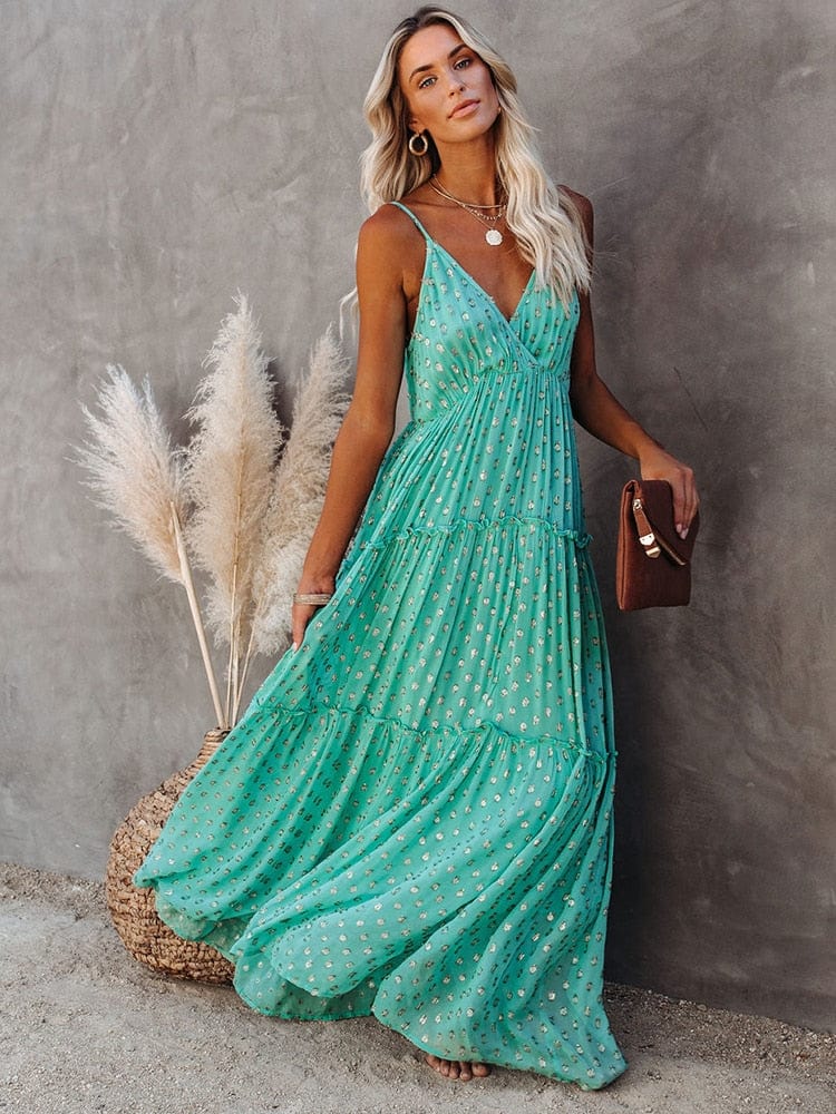 Robe longue verte à col en V et imprimé bohème estival Ibiza Vibe