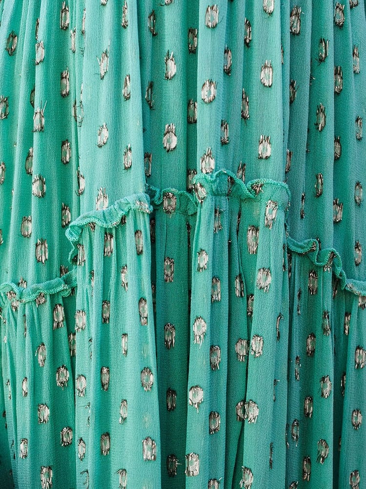 Robe longue verte à col en V et imprimé bohème estival Ibiza Vibe