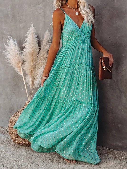Robe longue verte à col en V et imprimé bohème estival Ibiza Vibe