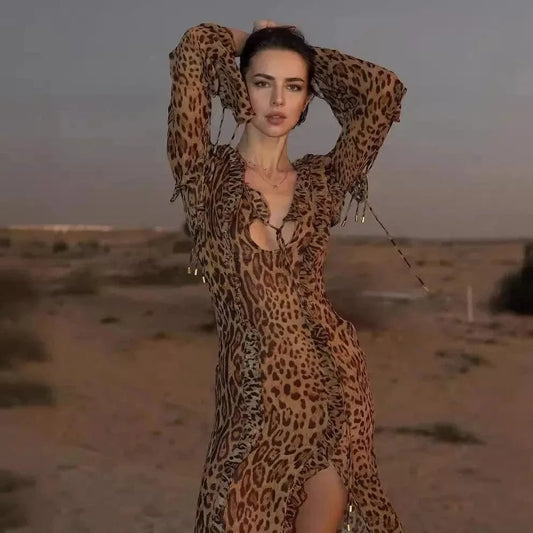 Robe Maxi Airy bohème à imprimé léopard Ibiza Vibe