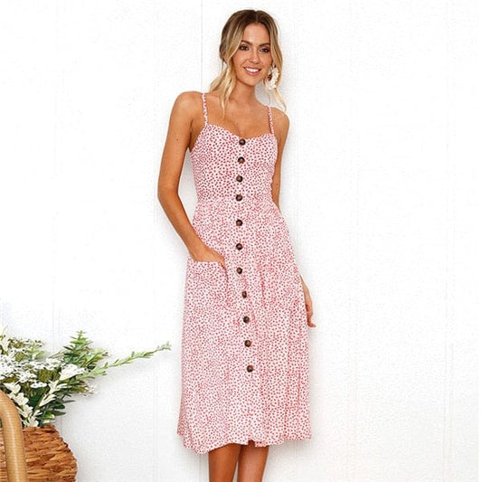 Robe mi-longue à pois rose et blanc Ibiza Vibe