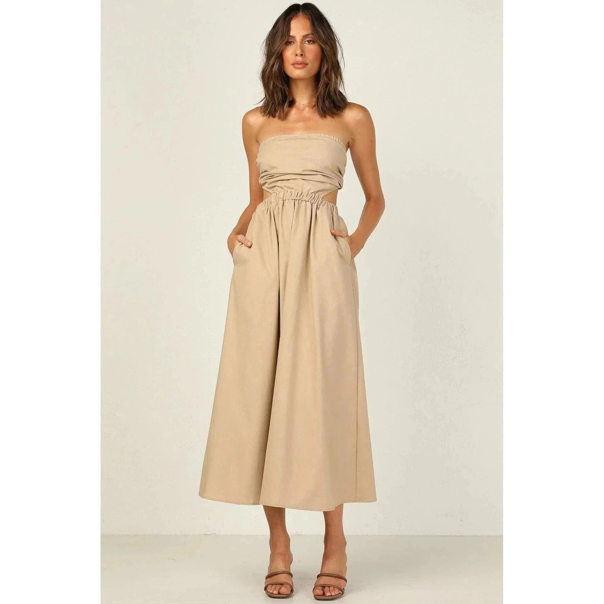 Robe mi-longue beige à épaules dénudées Ibiza Vibe