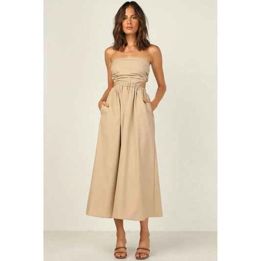Robe mi-longue beige à épaules dénudées Ibiza Vibe