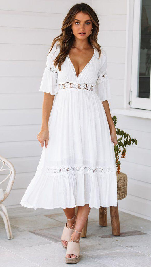 Robe mi-longue blanche style bohème Ibiza Vibe