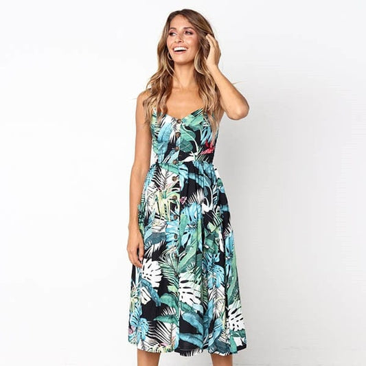 Robe mi-longue bohème à imprimé végétal Ibiza Vibe