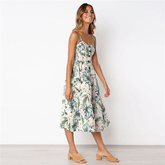 Robe mi-longue bohème blanche à fleurs et bretelles spaghetti Ibiza Vibe
