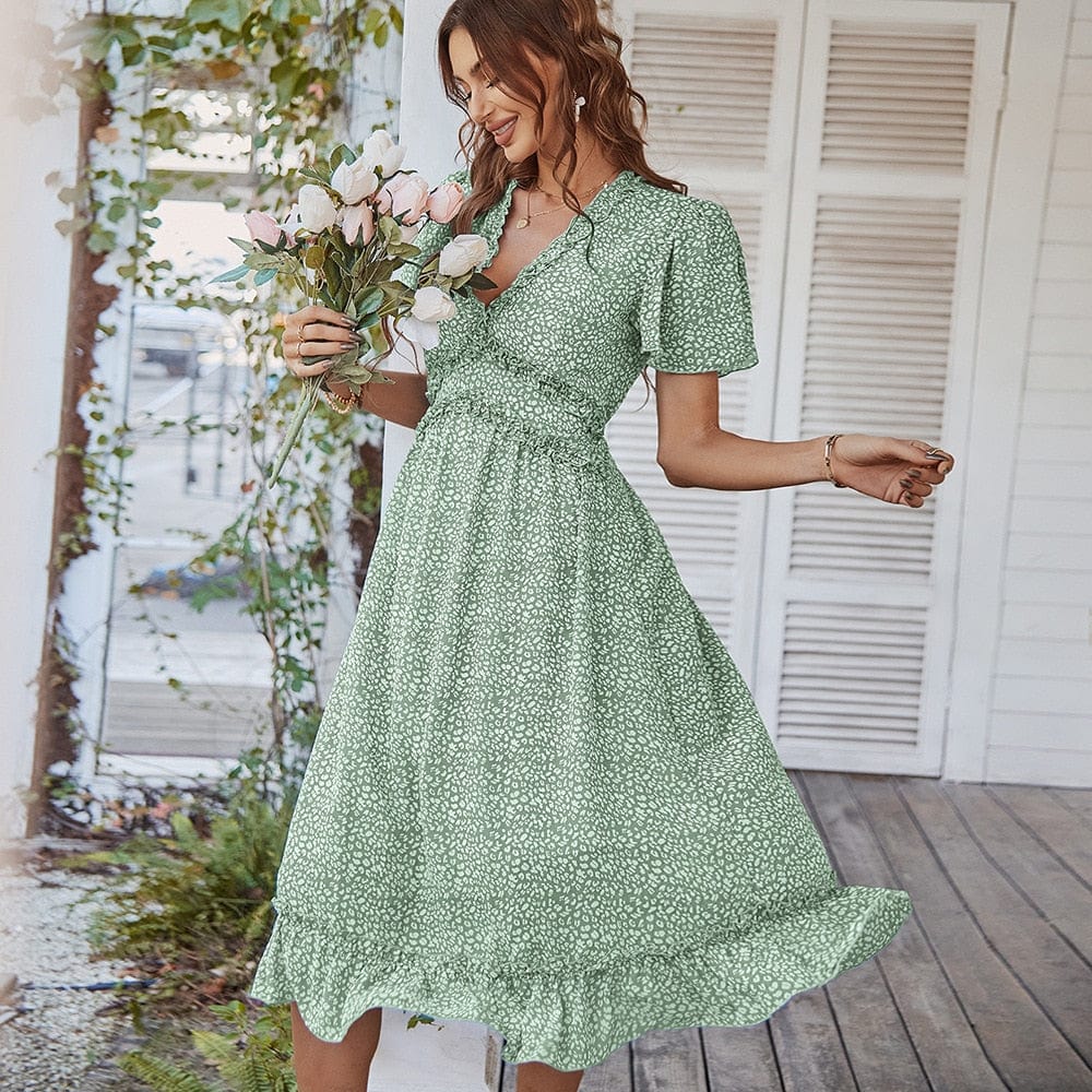 Robe mi-longue bohème verte à col en V et imprimé Ibiza Vibe
