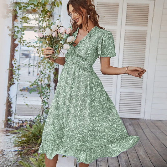 Robe mi-longue bohème verte à col en V et imprimé Ibiza Vibe
