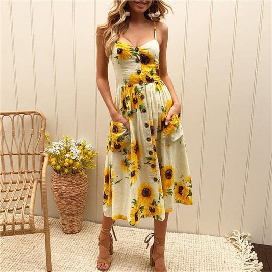 Robe mi-longue d'été à imprimé tournesol Ibiza Vibe