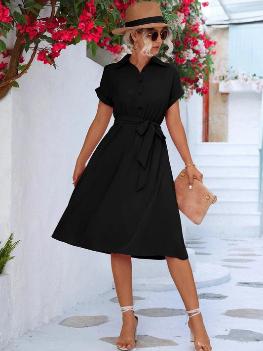 Robe mi-longue d'été noire à manches courtes Ibiza Vibe
