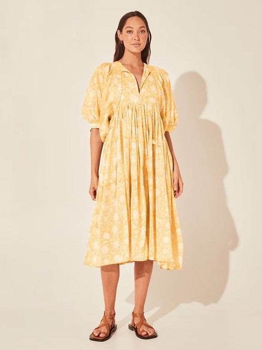 Robe mi-longue jaune à fleurs bohème à manches mi-longues Ibiza Vibe