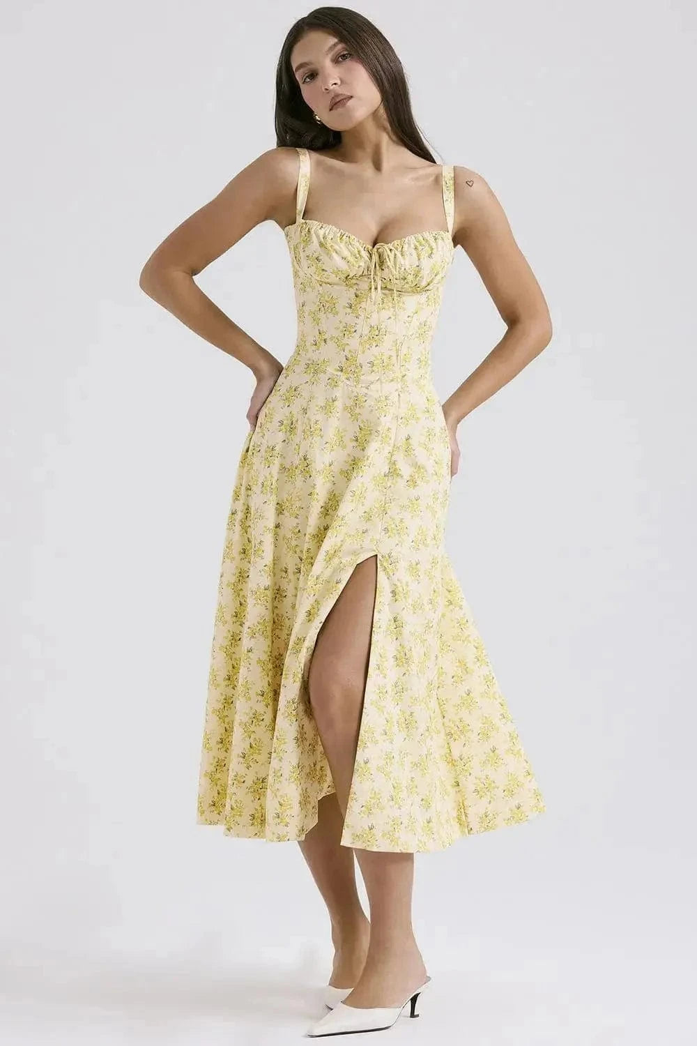 Robe mi-longue jaune à imprimé floral et haut corset Ibiza Vibe