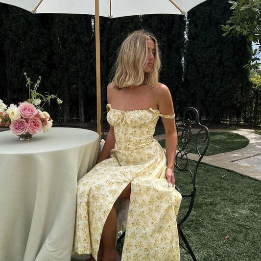 Robe mi-longue jaune à imprimé floral et haut corset Ibiza Vibe