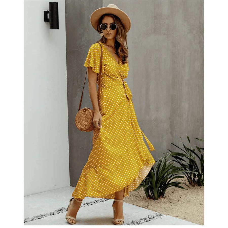 Robe mi-longue jaune style bohème Ibiza Vibe