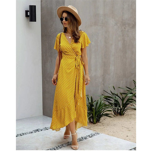 Robe mi-longue jaune style bohème Ibiza Vibe
