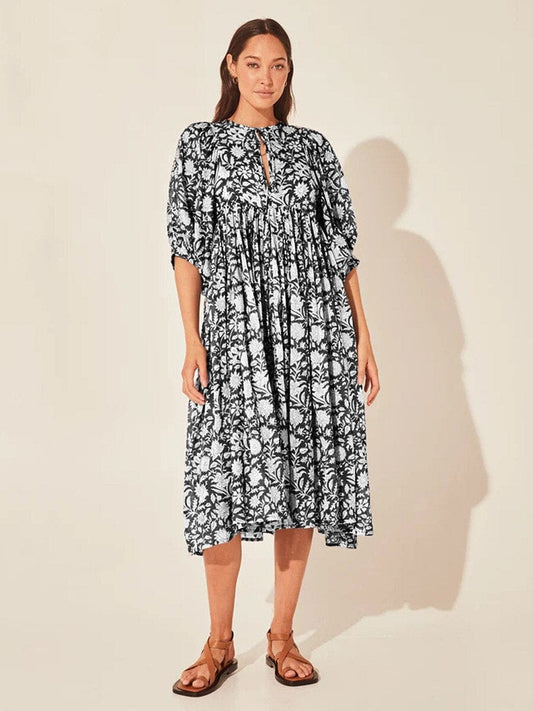 Robe mi-longue noire à fleurs bohème à manches mi-longues Ibiza Vibe
