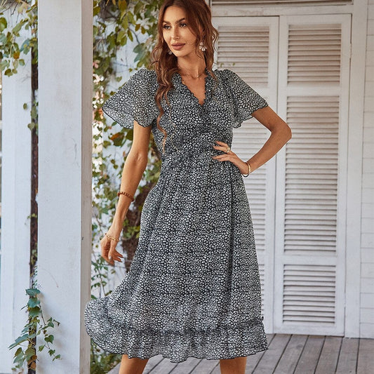 Robe mi-longue noire style bohème avec col en V et imprimé Ibiza Vibe