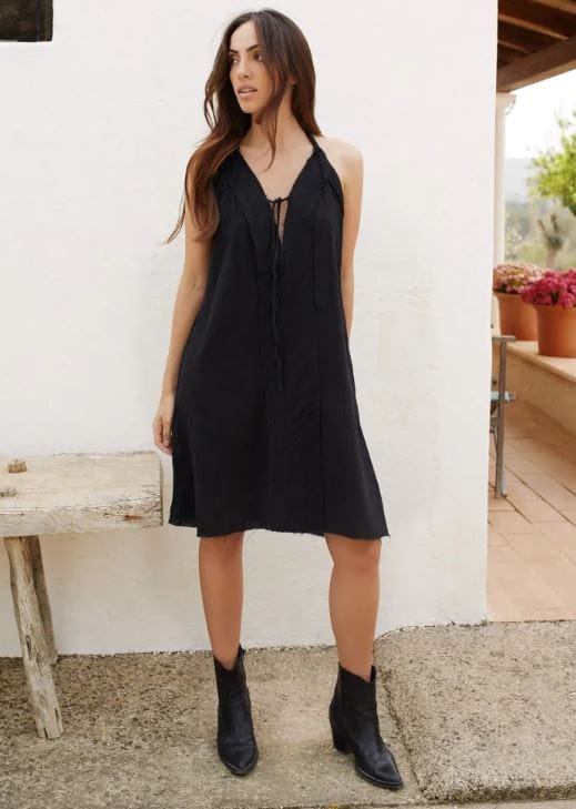 Robe mi-longue noire style bohème bohème à franges Ibiza Vibe