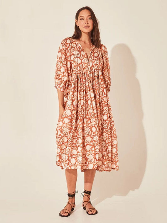 Robe mi-longue orange à fleurs bohème à manches mi-longues Ibiza Vibe