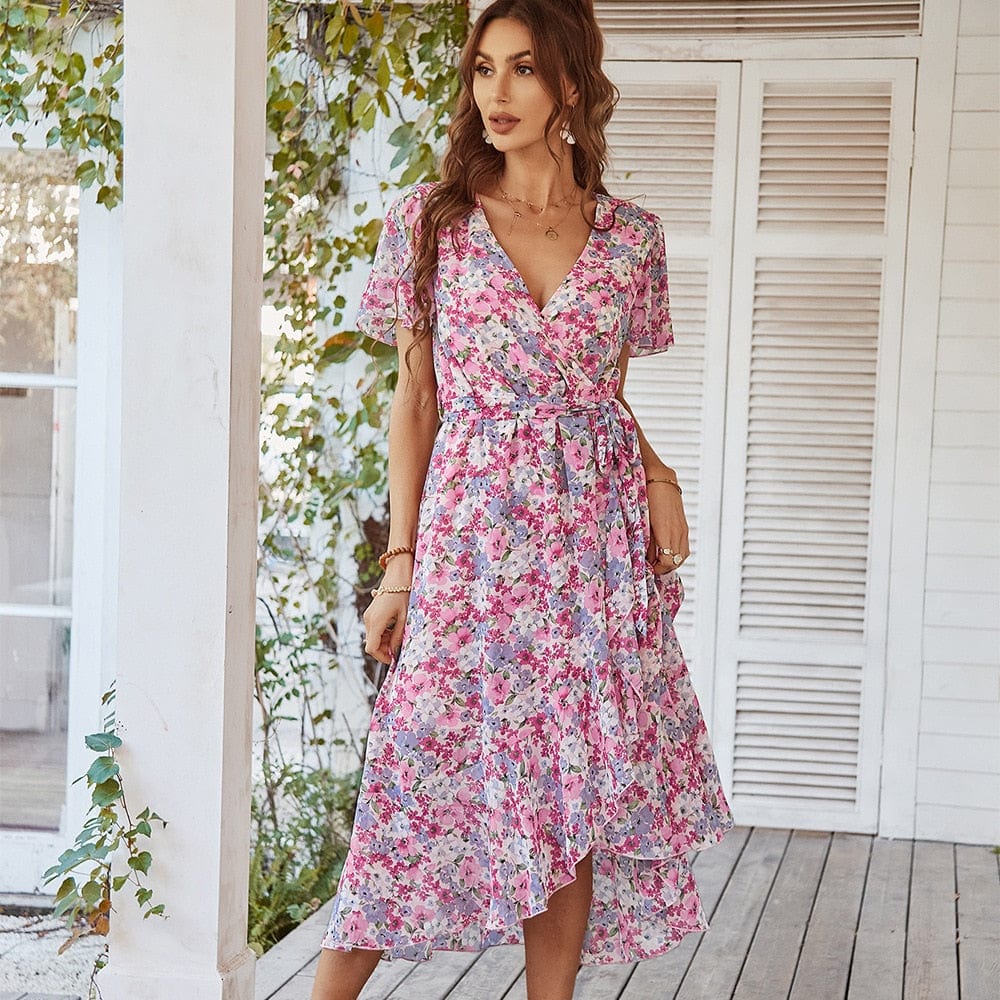 Robe mi-longue rose à imprimé floral bohème Ibiza Vibe