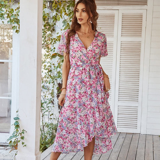 Robe mi-longue rose à imprimé floral bohème Ibiza Vibe