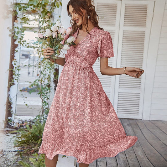 Robe mi-longue rose clair style bohème avec col en V et imprimé Ibiza Vibe