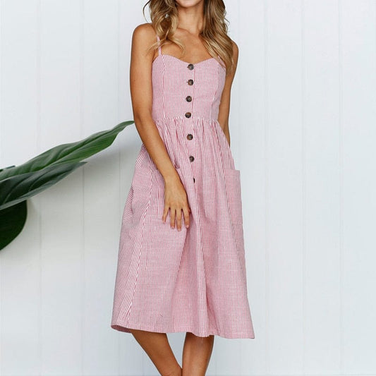 Robe mi-longue rose style bohème avec boutons décoratifs Ibiza Vibe