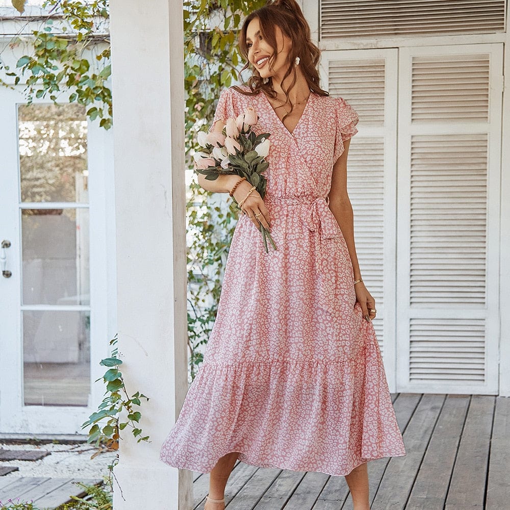 Robe mi-longue rose style bohème avec imprimé et col en V Ibiza Vibe