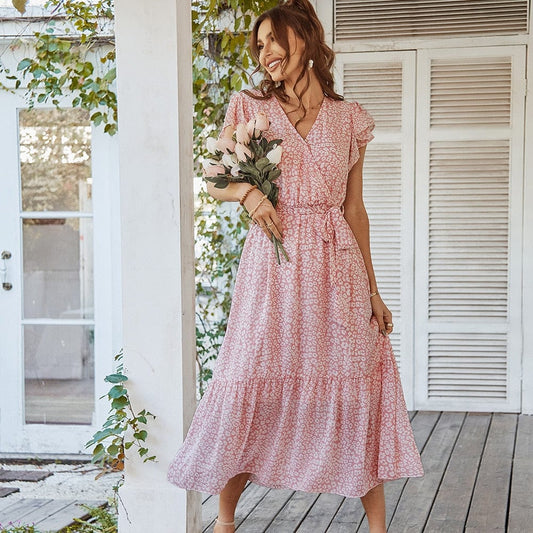 Robe mi-longue rose style bohème avec imprimé et col en V Ibiza Vibe